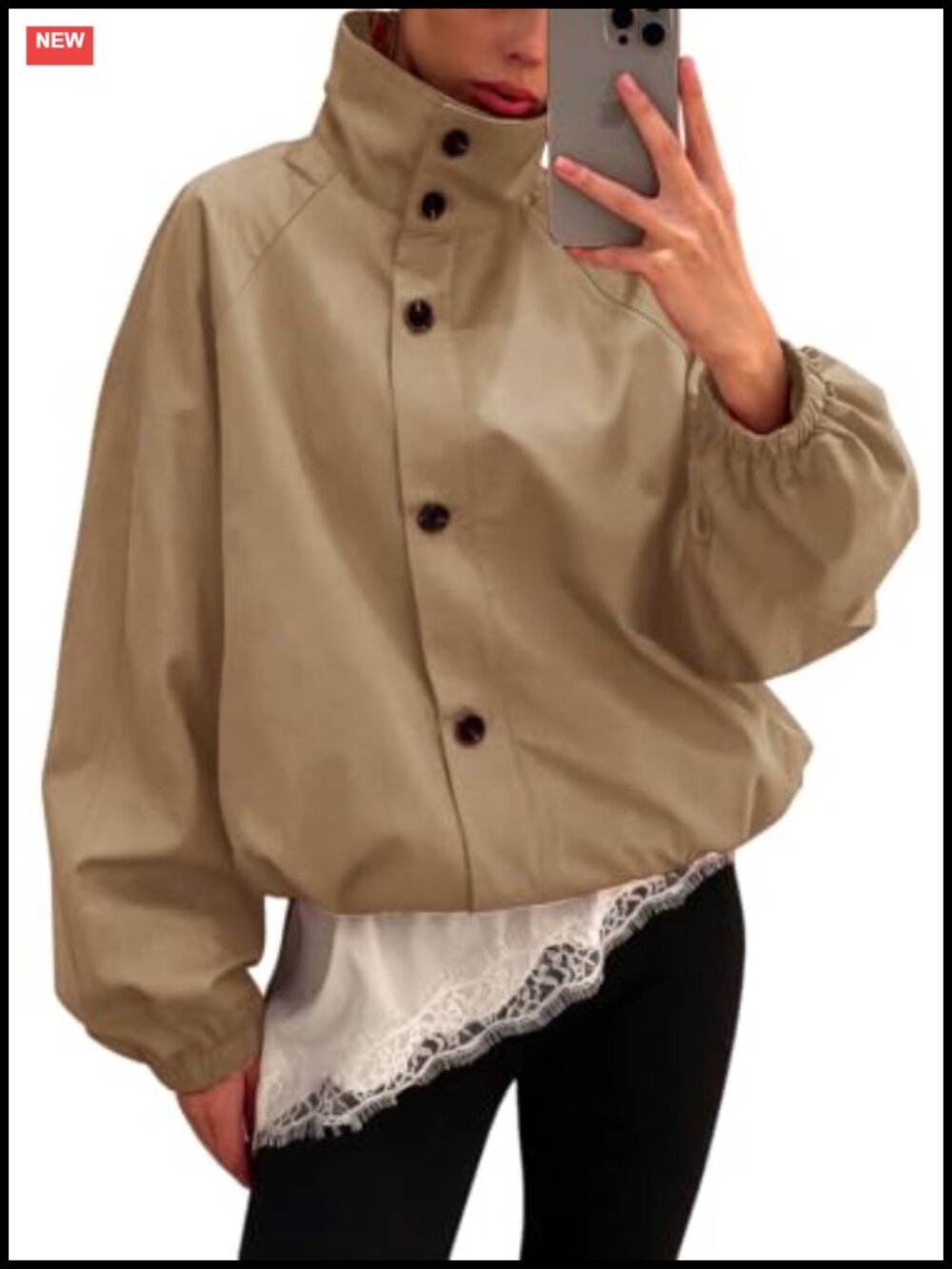 Women's Funnel Neck Cropped Windbreaker Jacket Zip Button Loose Fit